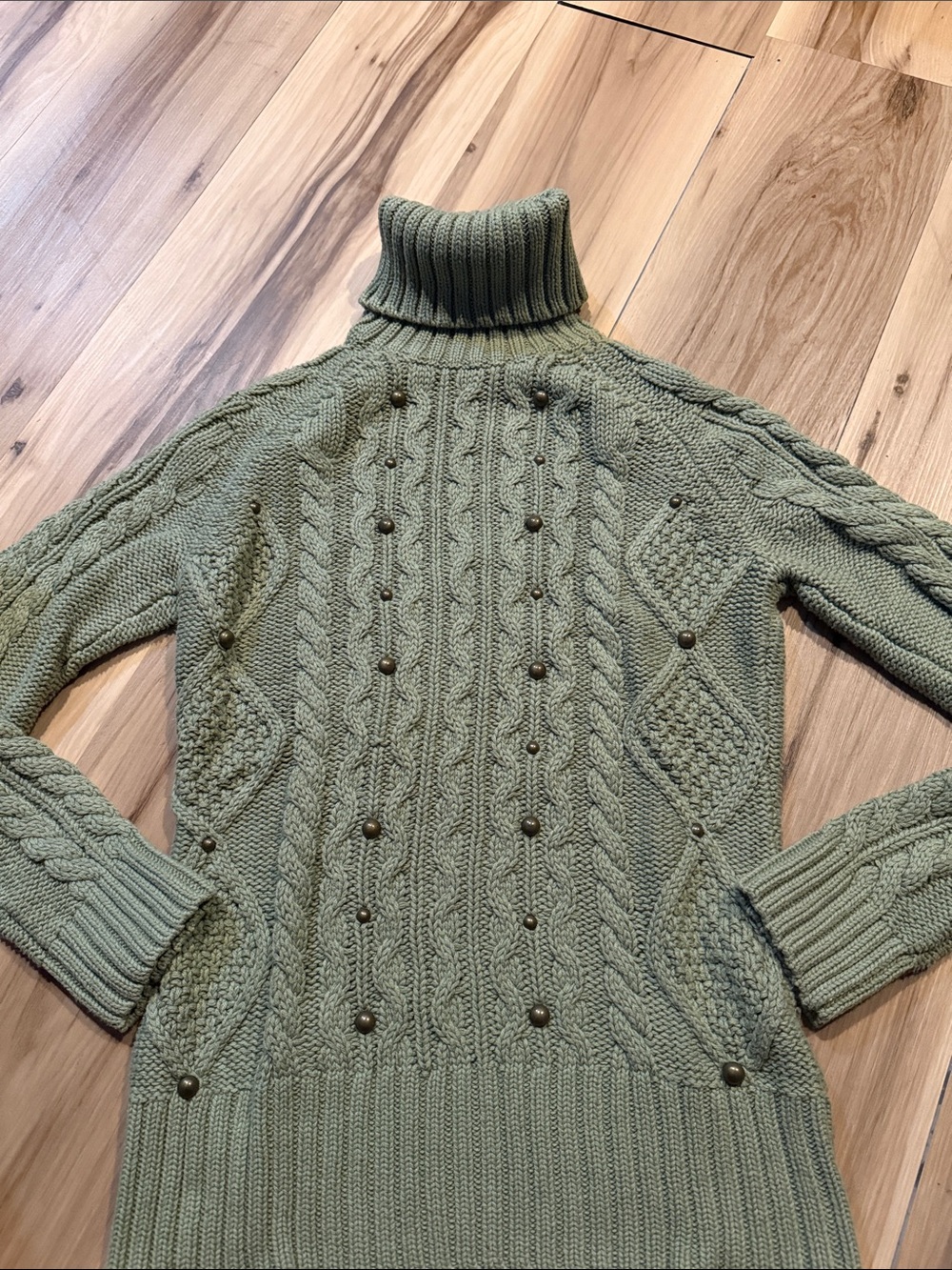 Relativity Sage Green Cable Knit Turtleneck Sweater Dress